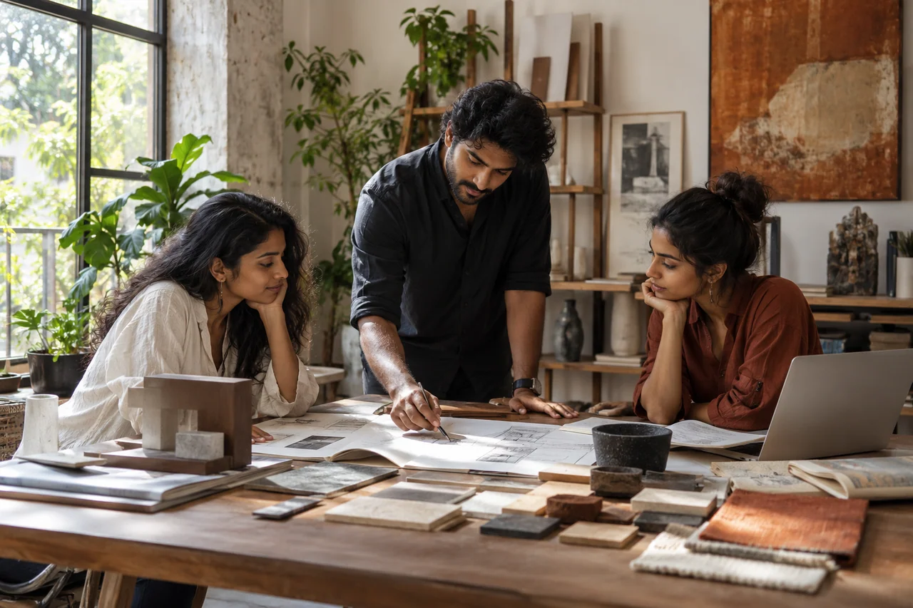 A creative team reviewing spatial reference material