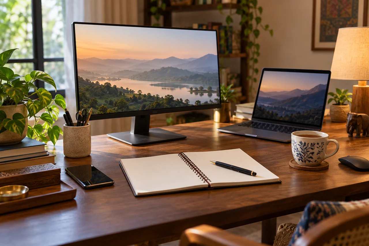 Organized digital art workstation and blank notebook