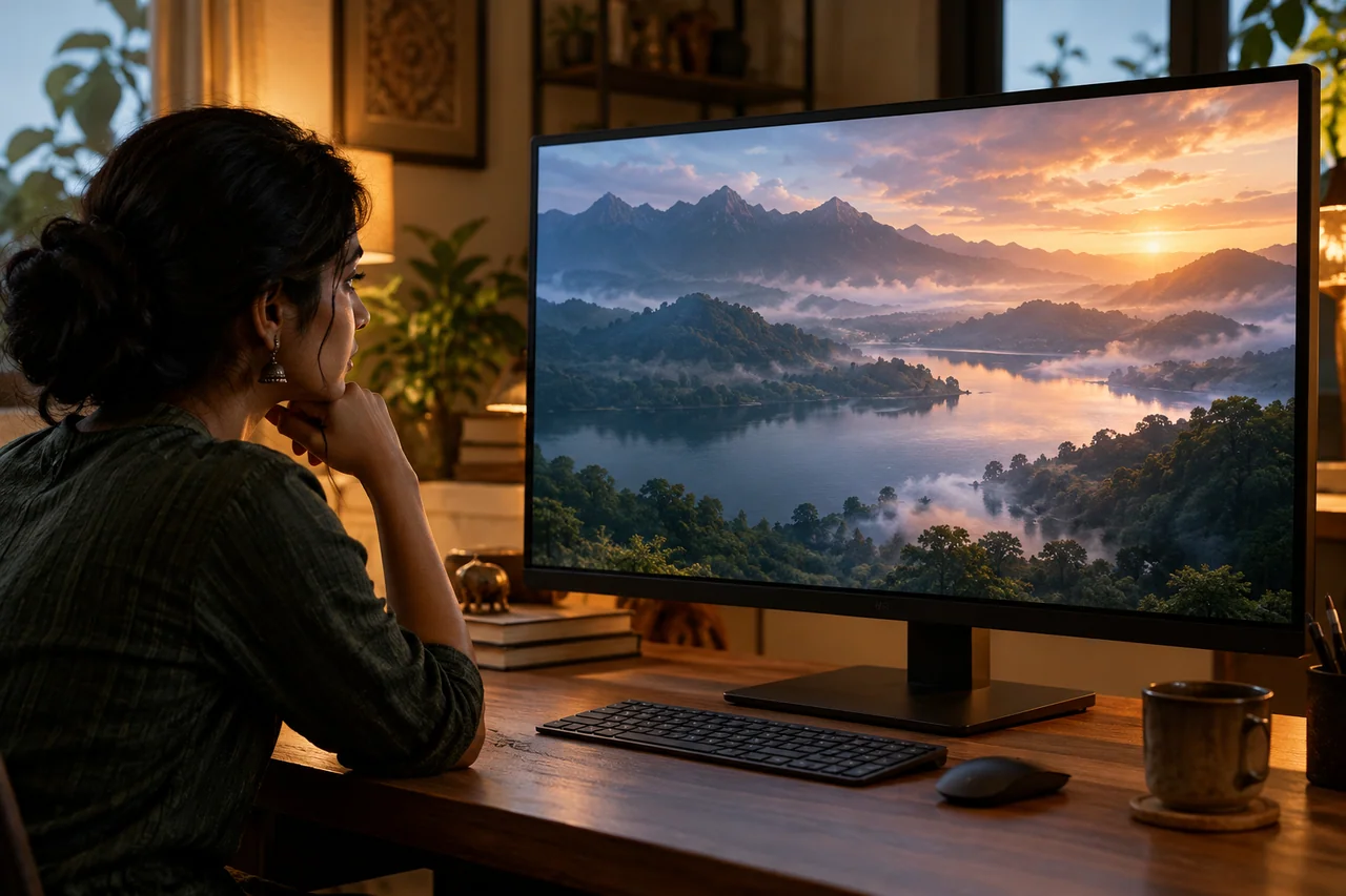 Moody original stylized landscape on a large studio monitor