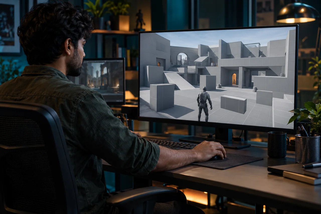 A level designer reviewing a three-dimensional greybox game level with ramps and doorways