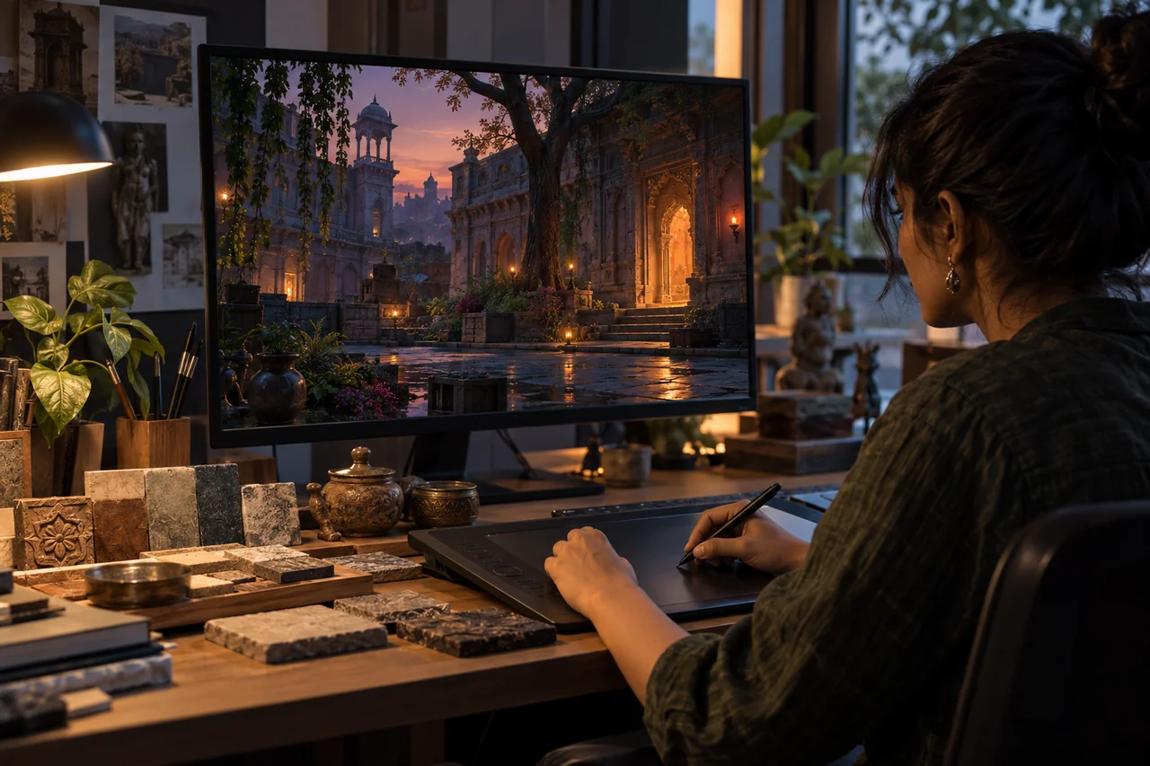 An environment artist workspace with an original game courtyard scene and material samples