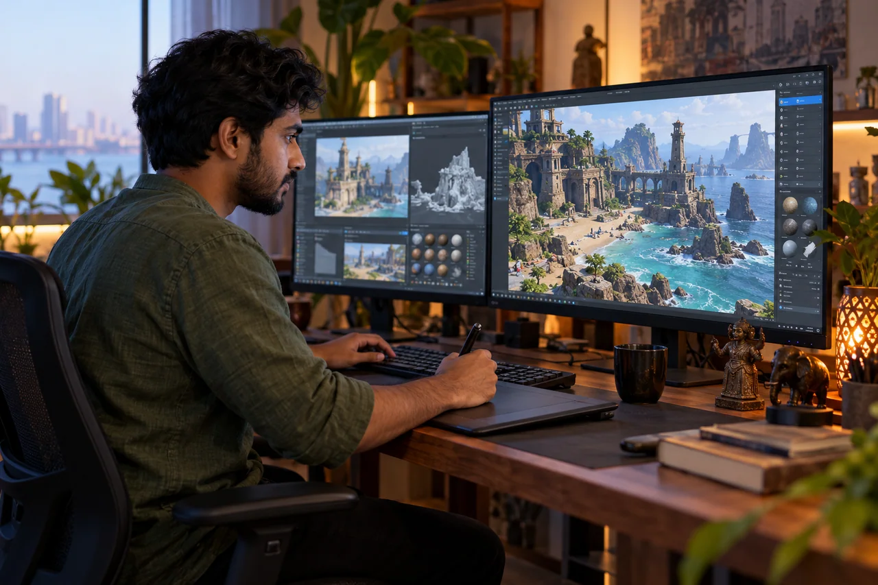 Indian game environment designer at a workstation creating an original coastal fantasy level