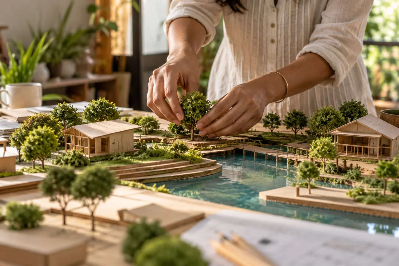 Hands arranging modular environment pieces on a tabletop Hands arranging modular environment pieces on a tabletop