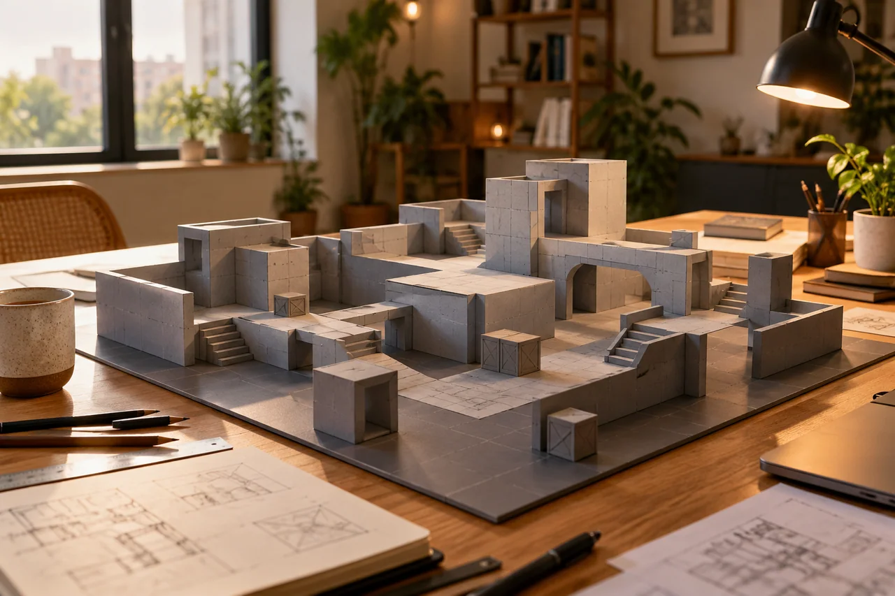 Hand-built greybox level model on a desk Hand-built greybox level model on a desk
