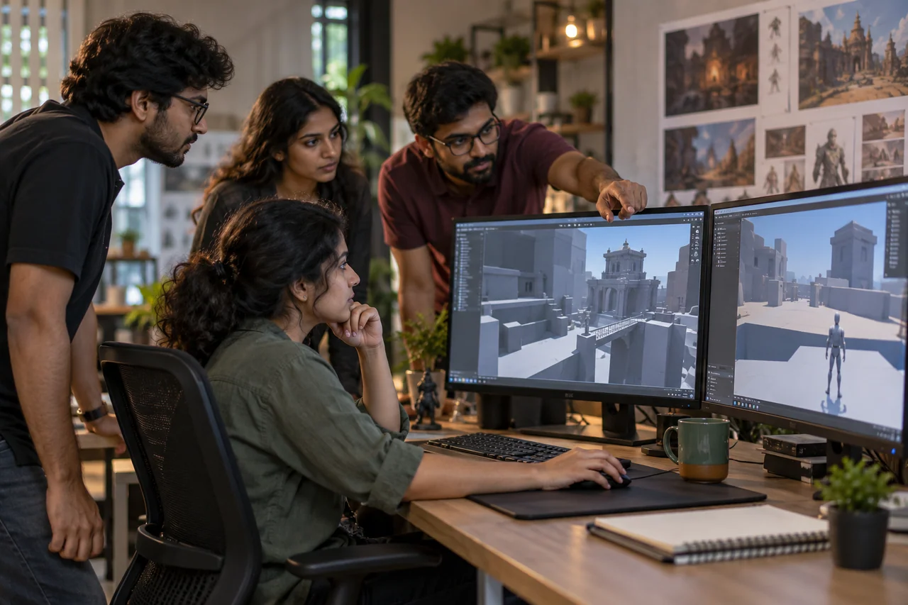 Small team reviewing a game environment blockout Small team reviewing a game environment blockout
