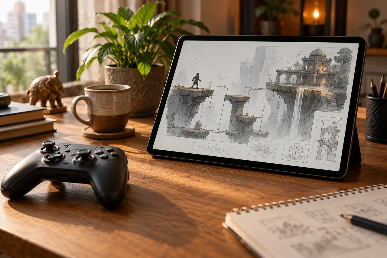 Gamepad beside a tablet with an abstract level sketch Gamepad beside a tablet with an abstract level sketch