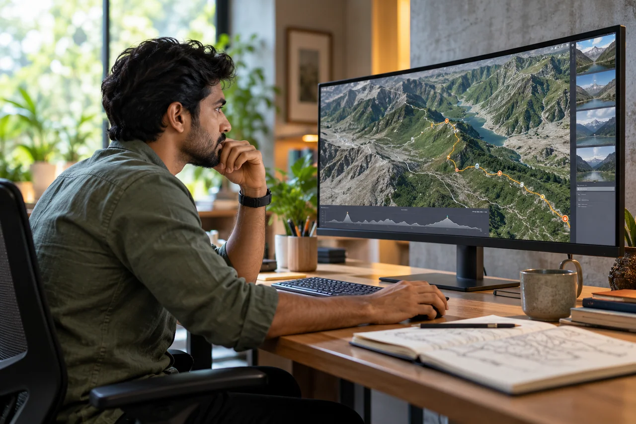 Designer reviewing traversal routes on a widescreen monitor
